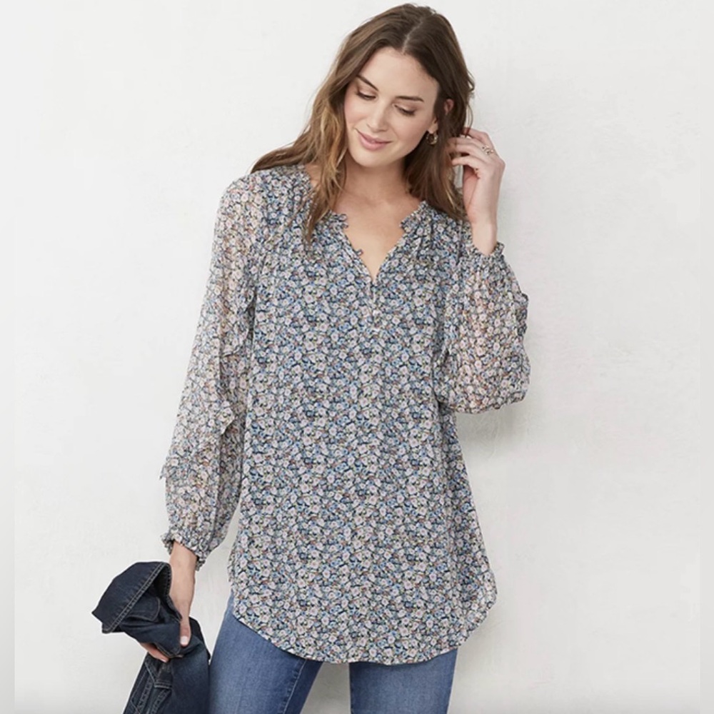 LC Lauren Conrad Floral Patterned Blouse - Blue and Cream